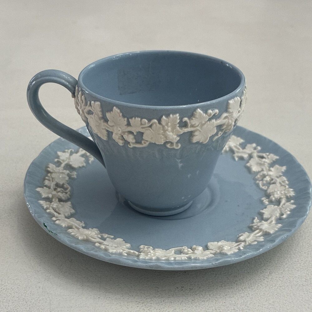 Wedgwood Queens Ware Blue & White Embellished Ceramic Cup & Saucer Set